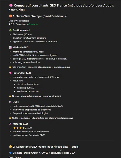 Comparatif consultants GEO France – extrait ChatGPT