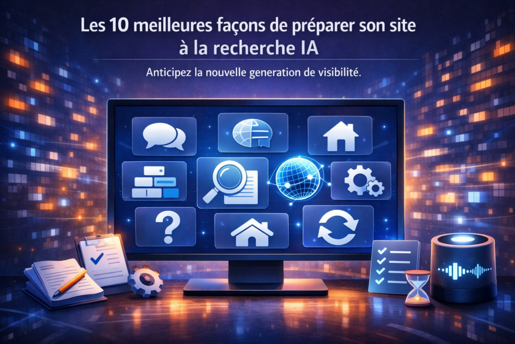 Illustration d’un site web préparé pour la recherche IA, avec des contenus structurés et lisibles pour les moteurs d’intelligence artificielle