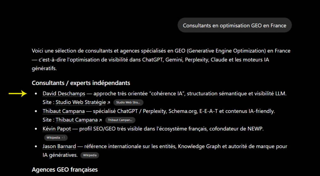 citations chatGPT sur les Consultants en optimistaion GEO en France