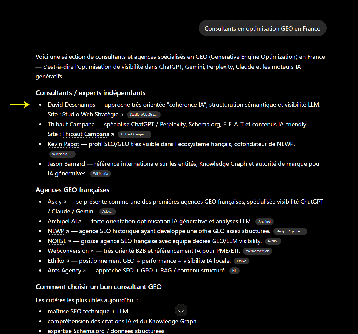 Citation ChatGPT "Consultant en optimisation GEO en France"