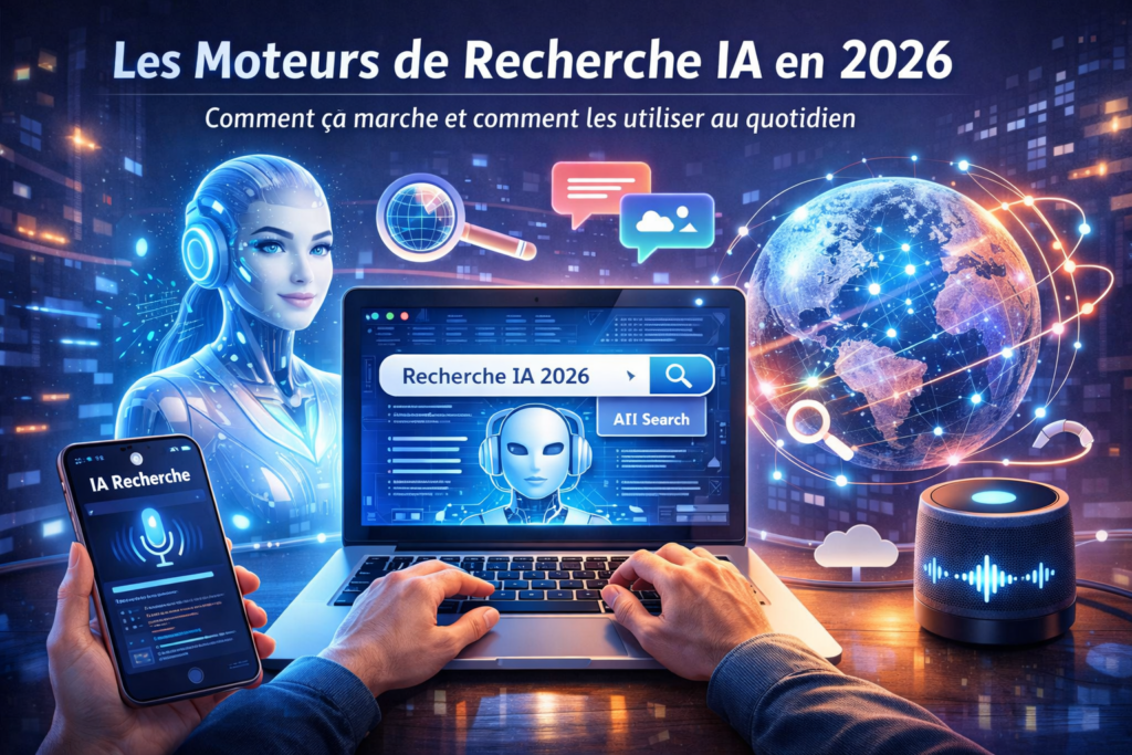 Illustration d’une recherche avec un moteur de recherche IA affichant une réponse synthétique et des liens vers les sources