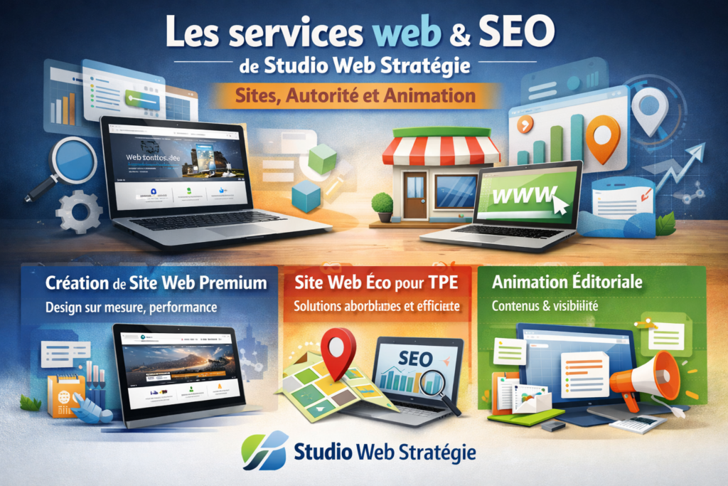 Visuel illustrant les services web et SEO de Studio Web Stratégie : création de sites premium et éco TPE, fondations d’autorité SEO & local, et animation éditoriale pour la visibilité en ligne.