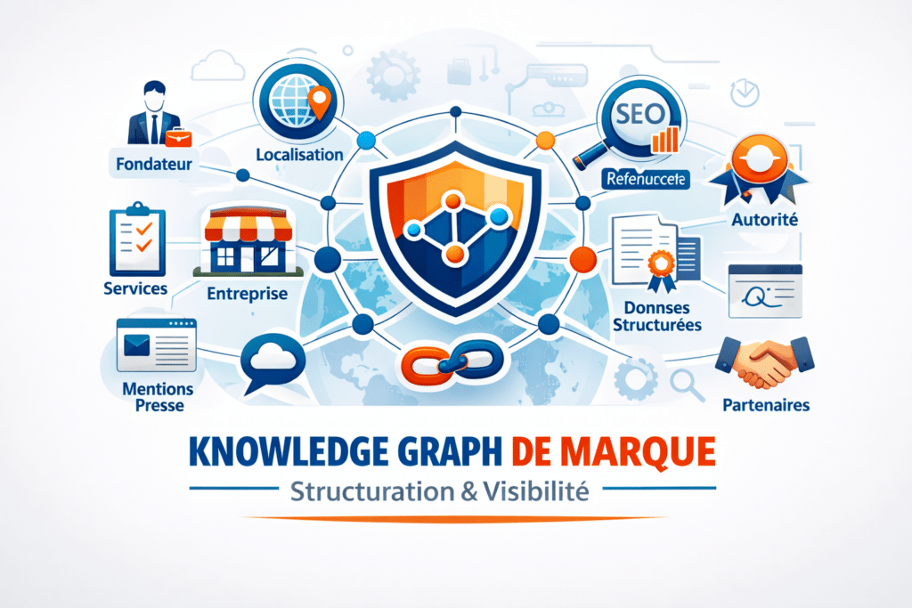 Infographie illustrant le Knowledge Graph de marque : structuration des entités, visibilité SEO et relations entre fondateur, services, autorité, partenaires et données structurées.